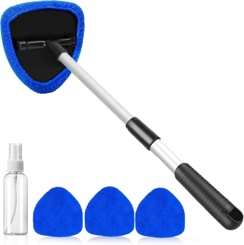 desin Windshield Cleaning Tool, Car Window Cleaner Windshield Cleaner with 4 Reusable and Washable Microfiber Pads and Extendable Handle Auto Inside Glass Wiper Kit (Dark Blue) - Image 1